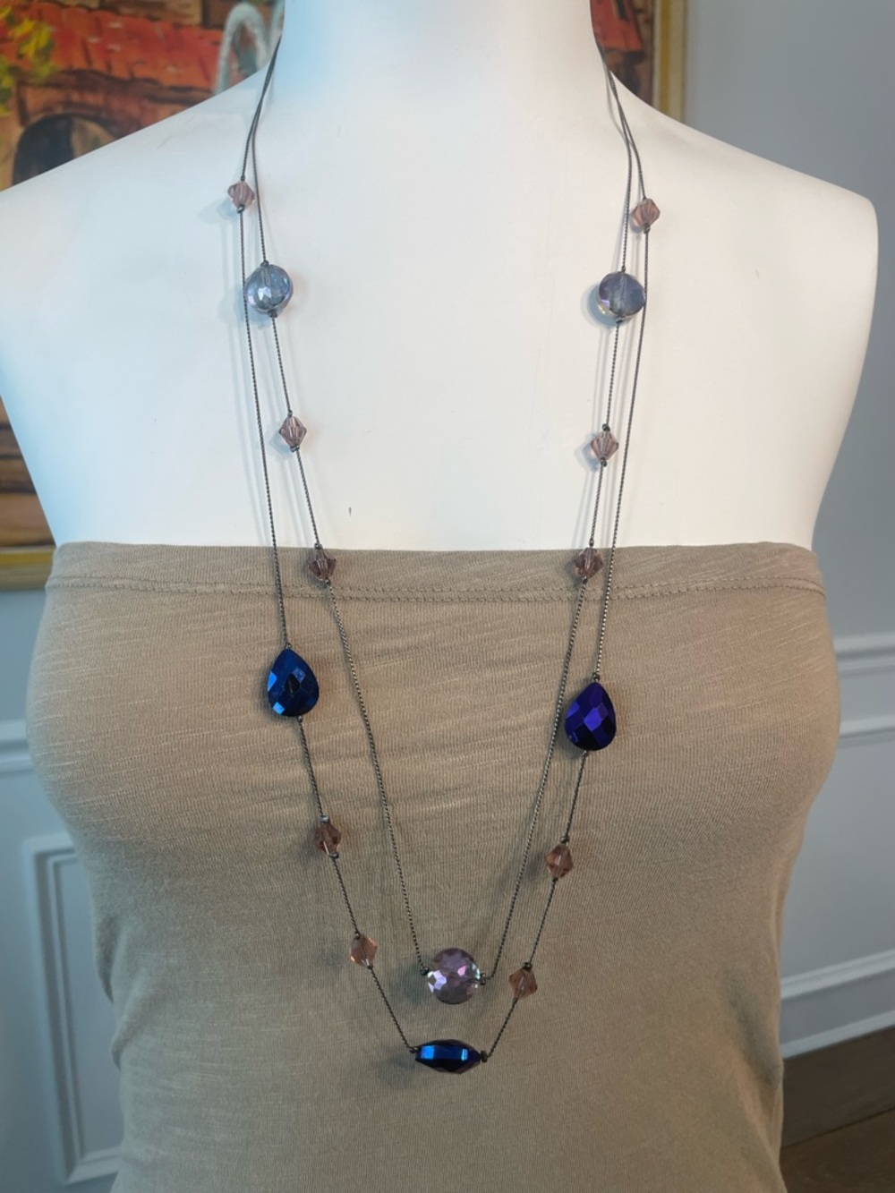 Multi-Strand Blue & Purple Crystal Pendants Necklace